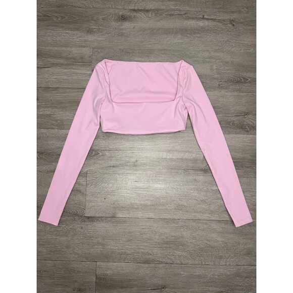 Tops - Pink Square Neck Long Sleeve Crop Top Fitted Stretch Soft Basic Women's Small